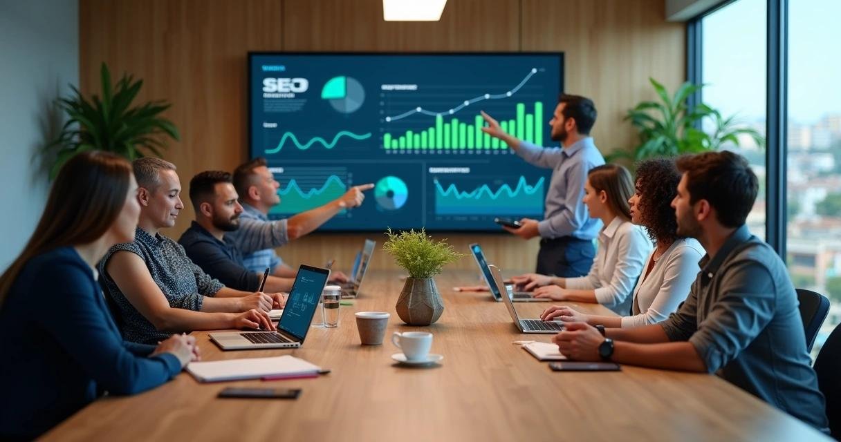 Marketing team reviewing campaign performance charts on a boardroom screen