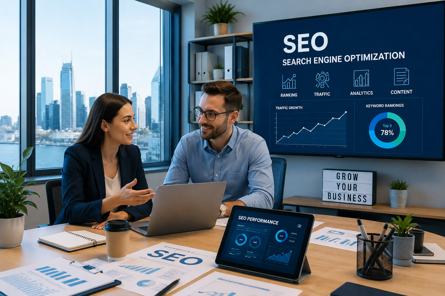 Two marketing specialists reviewing SEO performance dashboards on a laptop and screen in an office